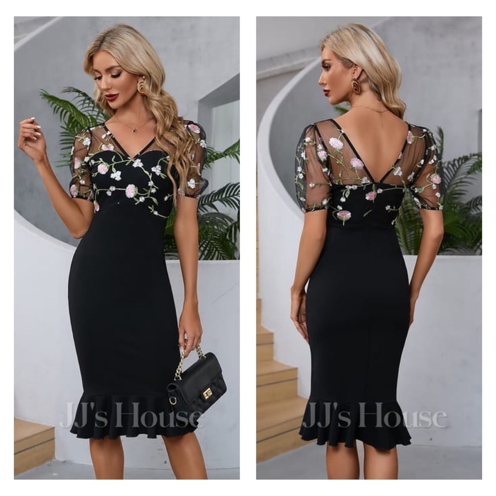 JJ’S House Embroidered Sheer Sleeves Floral Lace Ruffle Midi Dress Romantic